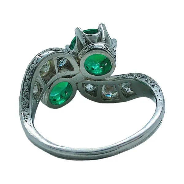 Platinum Art Deco Bypass Ring with Emeralds & Old European Cut Diamond Accents Image 3 Joint Venture Jewelry Cary, NC