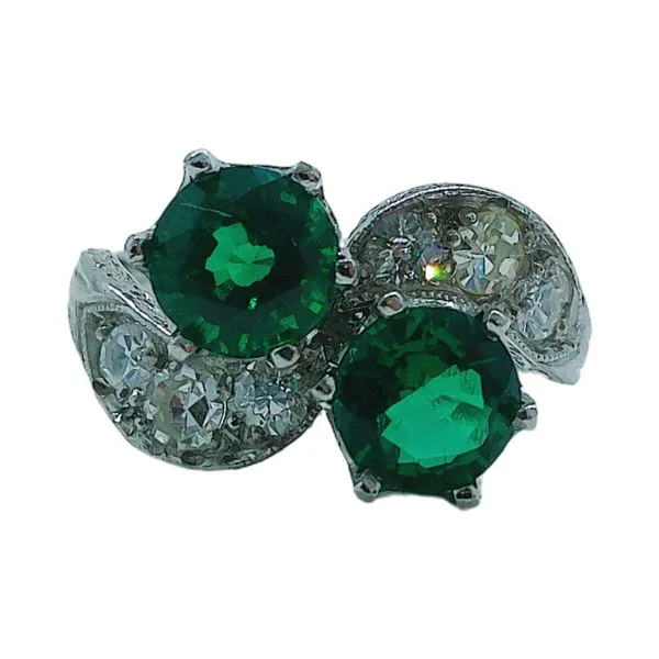 Platinum Art Deco Bypass Ring with Emeralds & Old European Cut Diamond Accents Joint Venture Jewelry Cary, NC