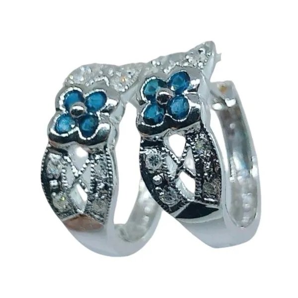 14K White Gold Sapphire & Diamond Flower Huggie Earrings Image 2 Joint Venture Jewelry Cary, NC