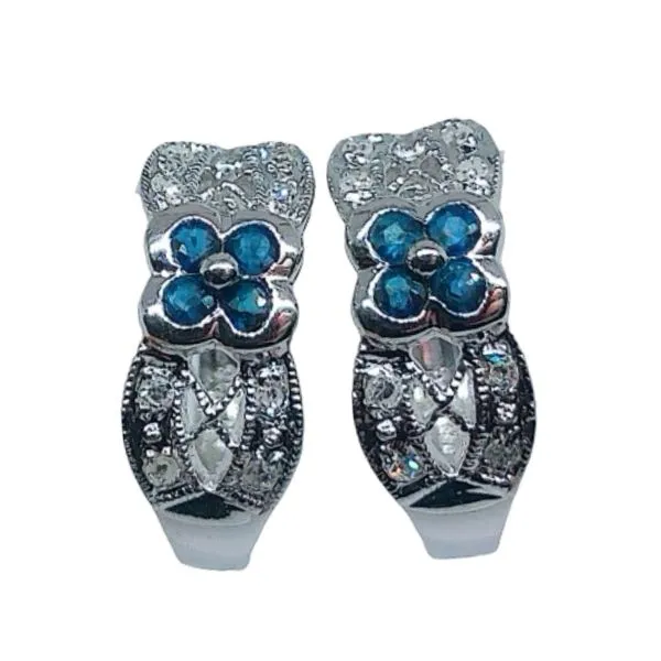 14K White Gold Sapphire & Diamond Flower Huggie Earrings Joint Venture Jewelry Cary, NC
