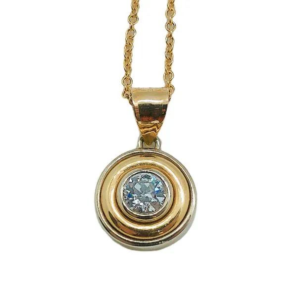14K Yellow Gold 0.68ct Old Mine Cut Diamond Bezel Circle Pendant Necklace Joint Venture Jewelry Cary, NC