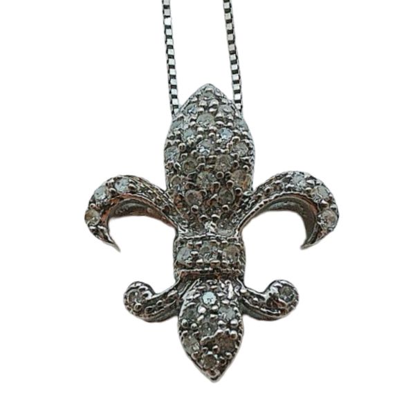 14K White Gold 0.15 CTW Diamond Fleur-de-Lis Estate Pendant with Chain Joint Venture Jewelry Cary, NC