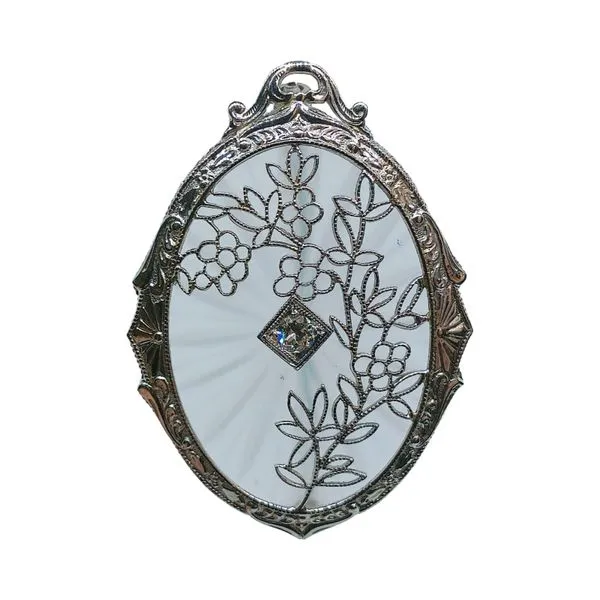 14k White Gold Vintage Quartz & Diamond Filigree Pin/Pendant Joint Venture Jewelry Cary, NC