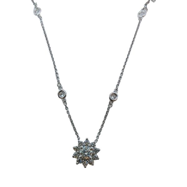 14K White Gold 0.98ctw Diamond Floral Cluster Pendant & Diamond Station Necklace Joint Venture Jewelry Cary, NC