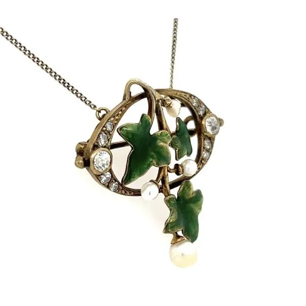 Sterling Silver Antique Diamond, Pearl & Enamel Leaf Necklace Image 2 Joint Venture Jewelry Cary, NC