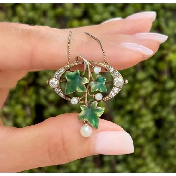 Sterling Silver Antique Diamond, Pearl & Enamel Leaf Necklace Image 4 Joint Venture Jewelry Cary, NC