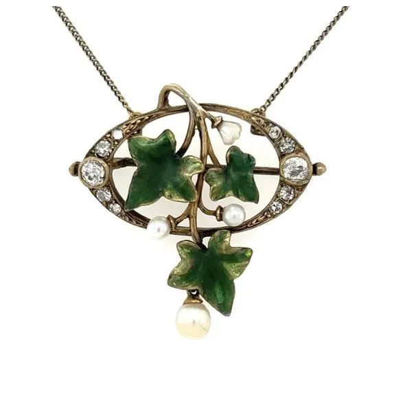 Sterling Silver Antique Diamond, Pearl & Enamel Leaf Necklace Joint Venture Jewelry Cary, NC