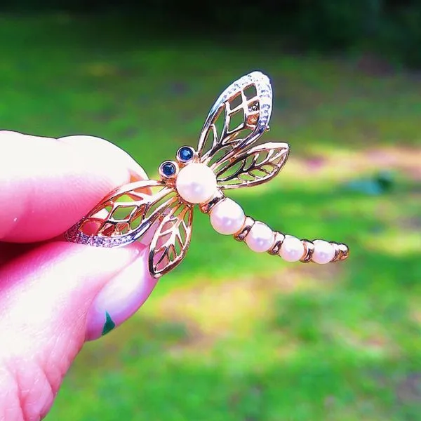 Estate 14Kt Yellow Gold Dragonfly Pin with Pearls, Diamonds & Sapphires Image 3 Joint Venture Jewelry Cary, NC
