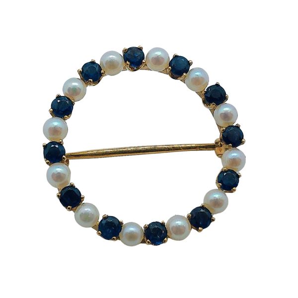 Sapphire and Pearl Circle Brooch Joint Venture Jewelry Cary, NC
