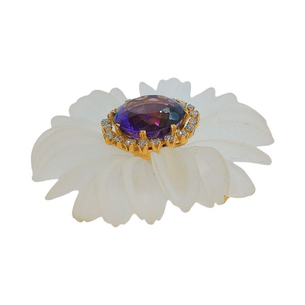 18K Gold 17ct Amethyst Diamond Carved Flower Brooch Image 2 Joint Venture Jewelry Cary, NC