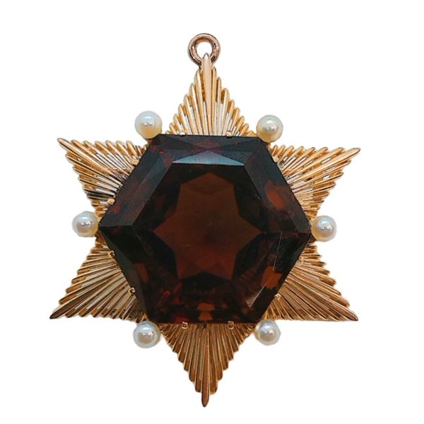 Circa 1930s 14K Rose Gold 80 CT Citrine & Pearl Starburst Brooch Pendant Joint Venture Jewelry Cary, NC