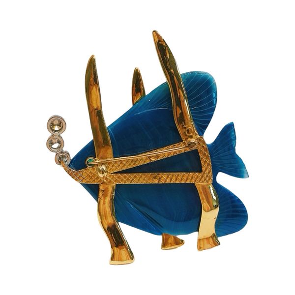18K Gold Carved Lapis Diamond & Emerald Fish Brooch Image 2 Joint Venture Jewelry Cary, NC