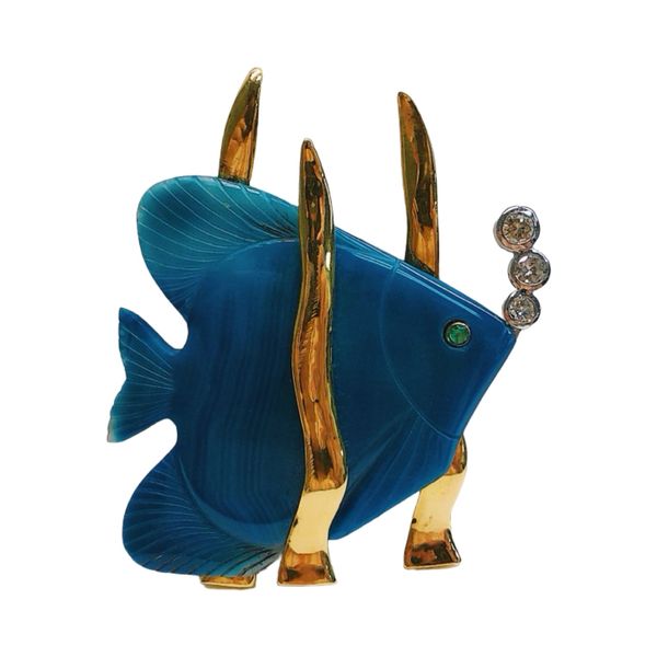 18K Gold Carved Lapis Diamond & Emerald Fish Brooch Joint Venture Jewelry Cary, NC