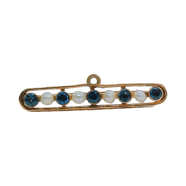 Vintage 14K Yellow Gold Sapphire & Seed Pearl Bar Pin Joint Venture Jewelry Cary, NC