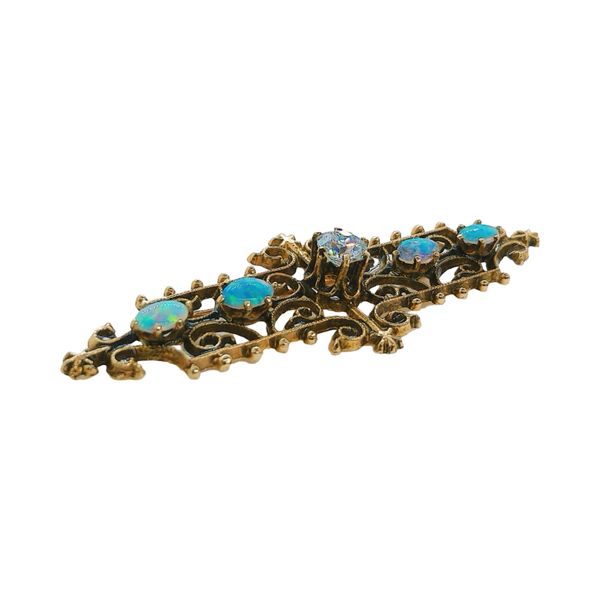 Vintage 14K Yellow Gold Opal & 0.42ct Diamond Filigree Bar Pin Image 2 Joint Venture Jewelry Cary, NC
