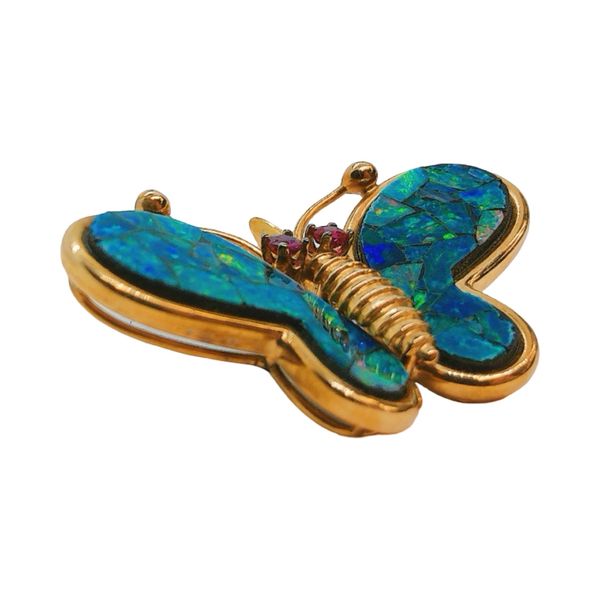14K Yellow Gold Estate Mosaic Opal Butterfly Pendant with Ruby Eyes Image 2 Joint Venture Jewelry Cary, NC