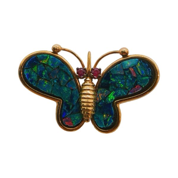 14K Yellow Gold Estate Mosaic Opal Butterfly Pendant with Ruby Eyes Joint Venture Jewelry Cary, NC