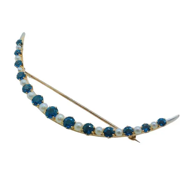 Yellow Gold Vintage Crescent Pin with Synthetic Sapphires & Pearls Image 2 Joint Venture Jewelry Cary, NC