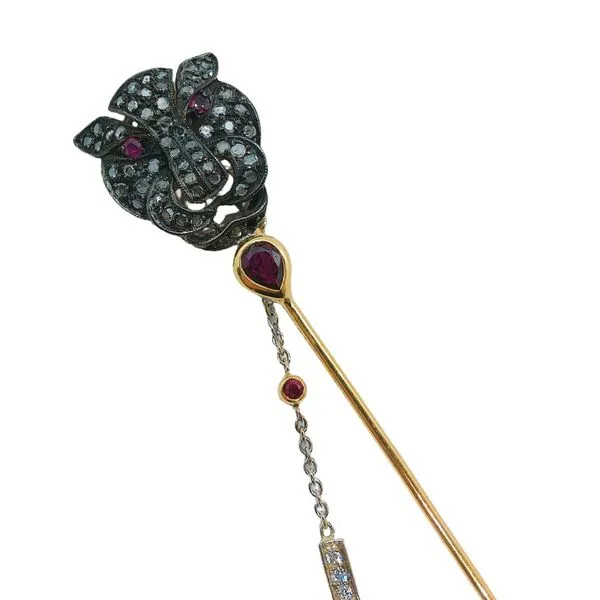10K Yellow Gold Jaguar Stick Pin with Rose-Cut Diamonds & Rubies, 500 Stamp Image 2 Joint Venture Jewelry Cary, NC