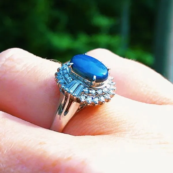 Platinum 1.41 Carat Boulder Black Opal Ring with Diamond Double Halo – .50 CTW Image 3 Joint Venture Jewelry Cary, NC