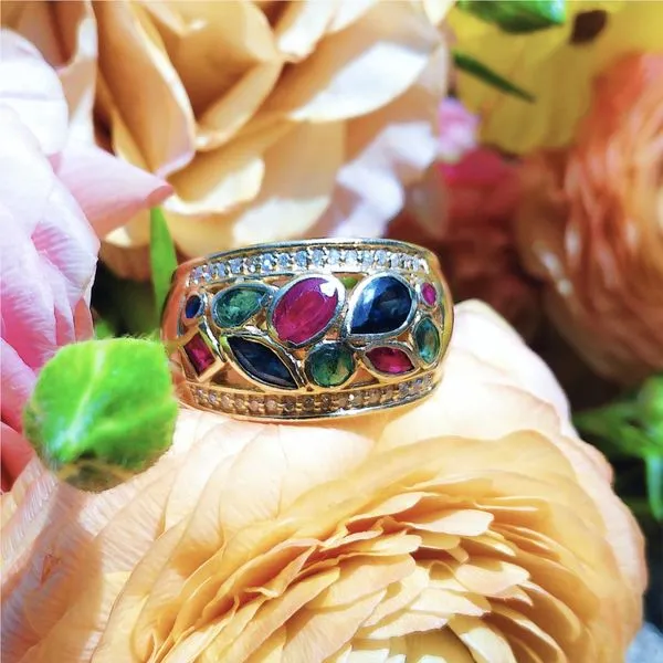 10k Yellow Gold Ruby, Emerald & Sapphire Wide Band Ring with Diamond Accents Image 2 Joint Venture Jewelry Cary, NC