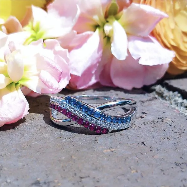 LeVian 14k White Gold Ruby, Blue Sapphire & Diamond Crossover Band Ring Image 3 Joint Venture Jewelry Cary, NC