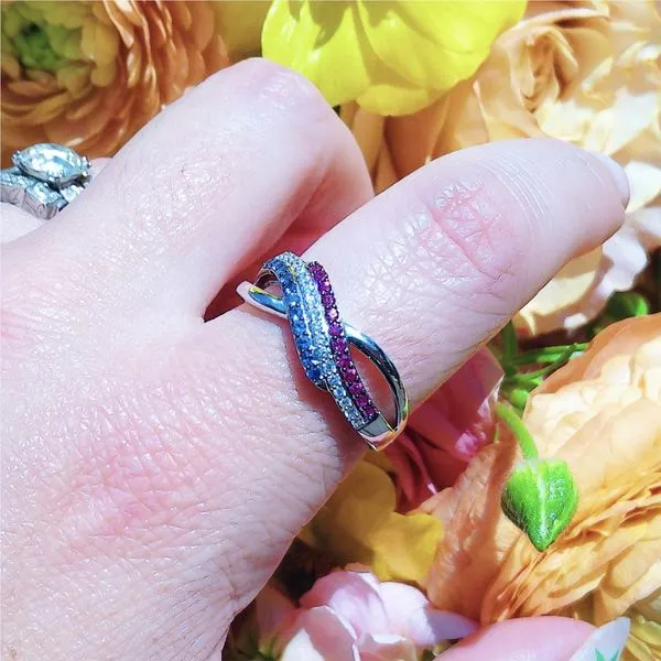 LeVian 14k White Gold Ruby, Blue Sapphire & Diamond Crossover Band Ring Image 4 Joint Venture Jewelry Cary, NC