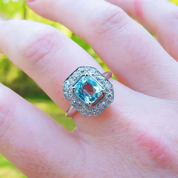 Aquamarine and Diamond Halo Ring Image 3 Joint Venture Jewelry Cary, NC