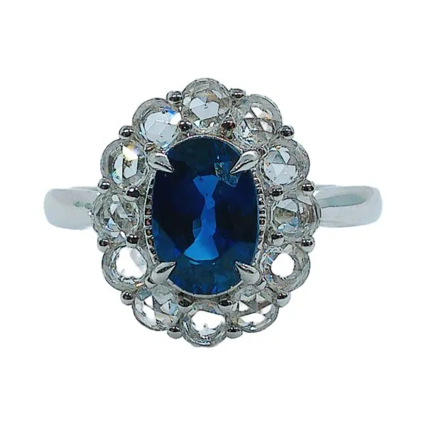 18K White Gold 1.45 CT Sapphire & 0.53 CTW Rose Cut Diamond Ring Joint Venture Jewelry Cary, NC