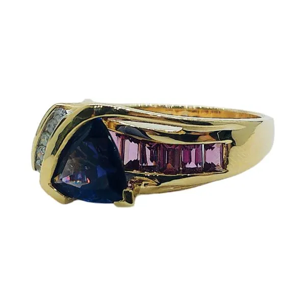 14k Yellow Gold Trillion Cut Iolite & Pink Tourmaline Estate Ring Image 4 Joint Venture Jewelry Cary, NC