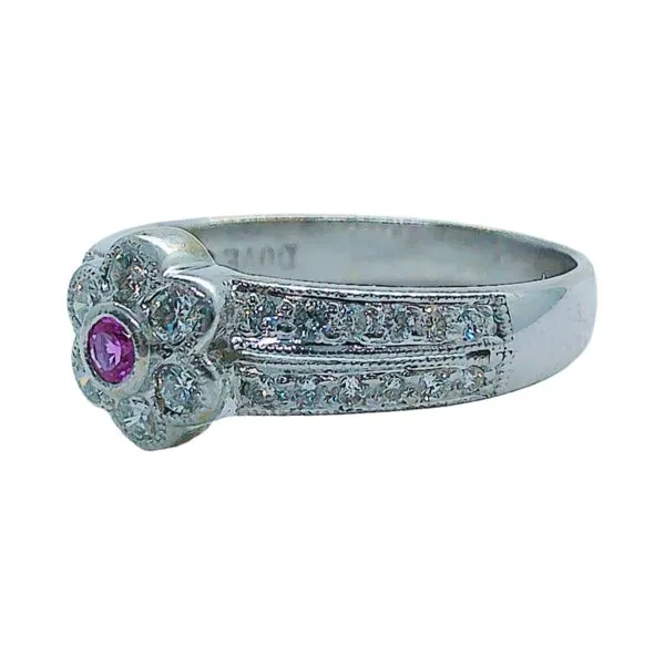 18K White Gold Floral Ring with .08 CT Hot Pink Sapphire & .30 CTW Round Brilliant Cut Diamonds Image 2 Joint Venture Jewelry Cary, NC