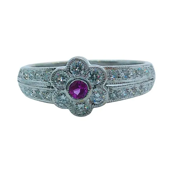 18K White Gold Floral Ring with .08 CT Hot Pink Sapphire & .30 CTW Round Brilliant Cut Diamonds Joint Venture Jewelry Cary, NC