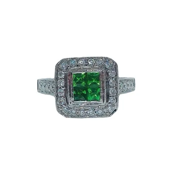 Simon G 18K White Gold Tsavorite Garnet & Diamond Halo Ring Joint Venture Jewelry Cary, NC
