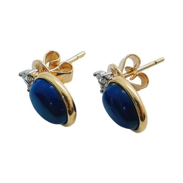 14K Yellow Gold Oval Lapis & Diamond Stud Earrings Image 2 Joint Venture Jewelry Cary, NC
