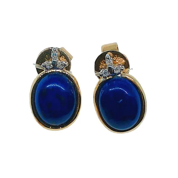 14K Yellow Gold Oval Lapis & Diamond Stud Earrings Joint Venture Jewelry Cary, NC