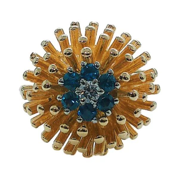 14K Yellow Gold Mid-Century Sapphire & Diamond Flower Ring Joint Venture Jewelry Cary, NC