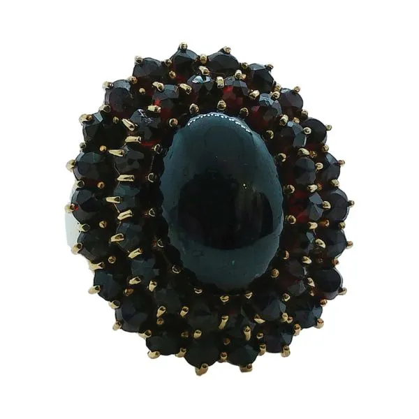 14K Yellow Gold Cabochon Garnet Double Halo Estate Ring Joint Venture Jewelry Cary, NC