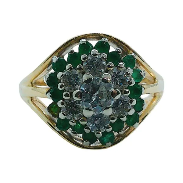 14K Yellow Gold Diamond Cluster & Emerald Halo Estate Ring Joint Venture Jewelry Cary, NC