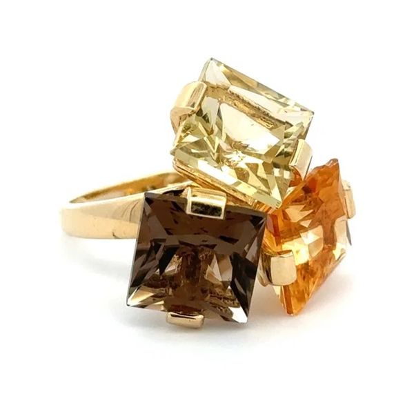 14K Yellow Gold 15TCW Citrine & Quartz 3 Stone Square Estate Ring Image 2 Joint Venture Jewelry Cary, NC