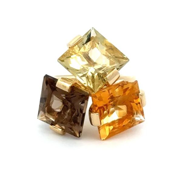 14K Yellow Gold 15TCW Citrine & Quartz 3 Stone Square Estate Ring Joint Venture Jewelry Cary, NC