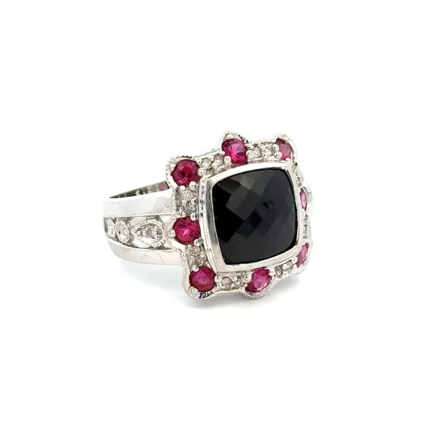 14K White Gold Checkerboard Onyx, Rubelite & Diamond Milgrain Ring Image 2 Joint Venture Jewelry Cary, NC