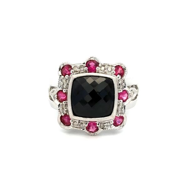 14K White Gold Checkerboard Onyx, Rubelite & Diamond Milgrain Ring Joint Venture Jewelry Cary, NC