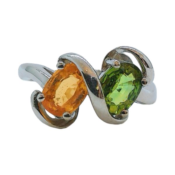 14K White Gold Citrine & Peridot Oval Double Bypass Ring Joint Venture Jewelry Cary, NC
