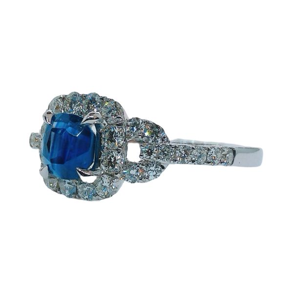 18K White Gold 1.37ct Cushion Cut Sapphire & 0.73ctw Diamond Halo Ring Image 2 Joint Venture Jewelry Cary, NC