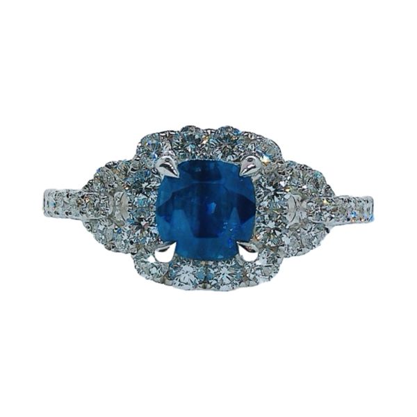 18K White Gold 1.37ct Cushion Cut Sapphire & 0.73ctw Diamond Halo Ring Joint Venture Jewelry Cary, NC