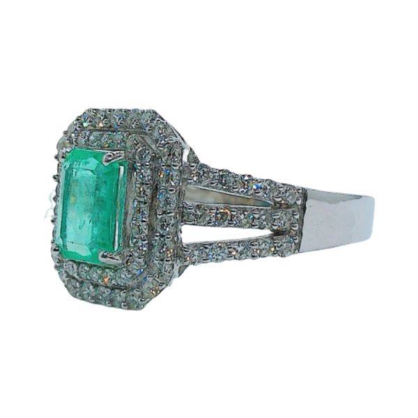 Estate 14K White Gold 0.90ct Emerald & Diamond Double Halo Ring Image 2 Joint Venture Jewelry Cary, NC
