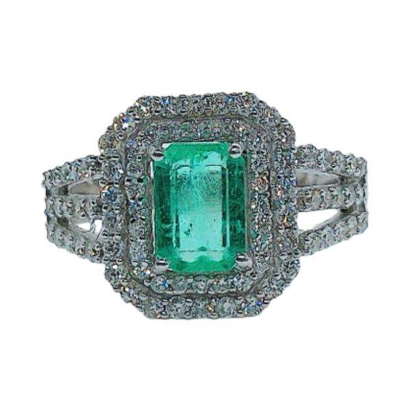 Estate 14K White Gold 0.90ct Emerald & Diamond Double Halo Ring Joint Venture Jewelry Cary, NC