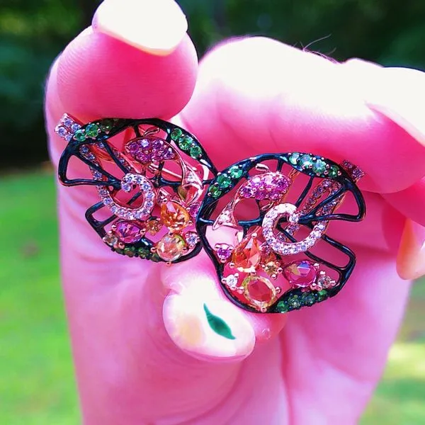 Lily Pad-Inspired Rose Gold & Gemstone Earrings with Diamonds | Joint Venture Jewelry Image 2 Joint Venture Jewelry Cary, NC