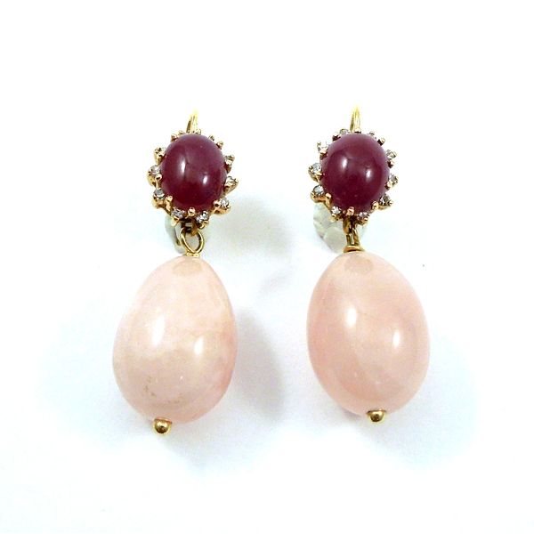 Cabochon Ruby, Diamond and Rose Quartz Earrings Joint Venture Jewelry Cary, NC