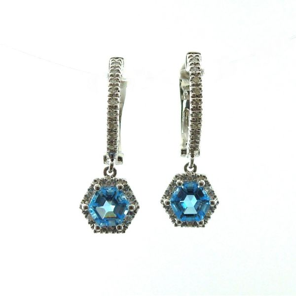 Hexagon Blue Topaz and Diamond Earrings Image 2 Joint Venture Jewelry Cary, NC